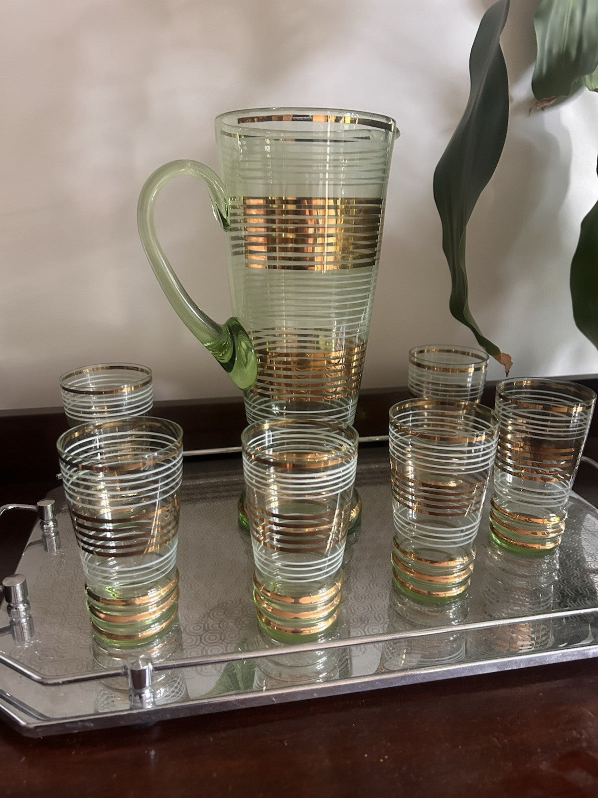 Vintage Green Glass Jug & 6 Tumblers Gold Band Art Deco Cocktail Set