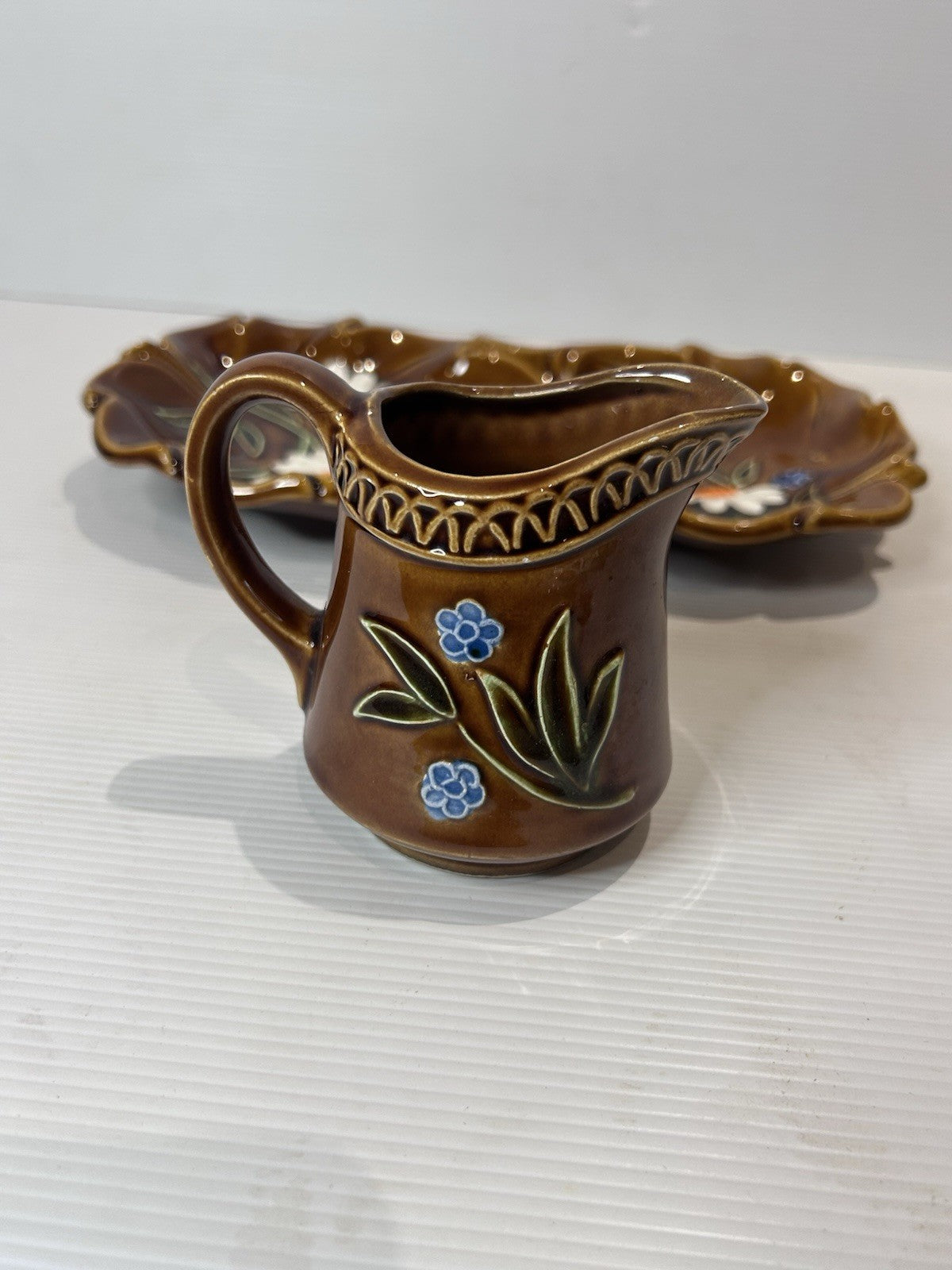 Vintage Japanese Pottery Condiment Set – Hand-Painted Brown Glaze Floral