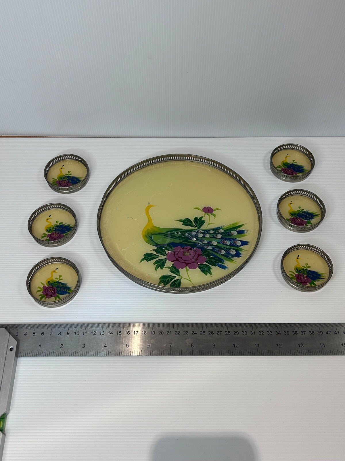 Vintage 1950s Hand-Painted Peacock Tray & 6 Coasters – Made in Japan