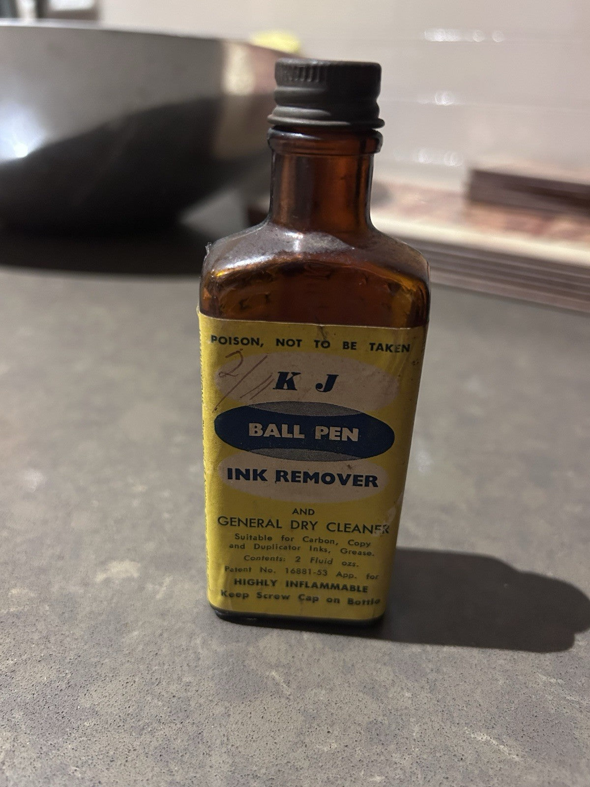 Vintage KJ Ball Pen Ink Remover Bottle c1950s Amber Glass Chemist Label
