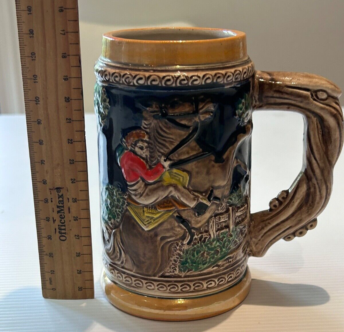 Vintage Japanese Beer Stein - Painted Relief Design - Equestrian Hunting Scene