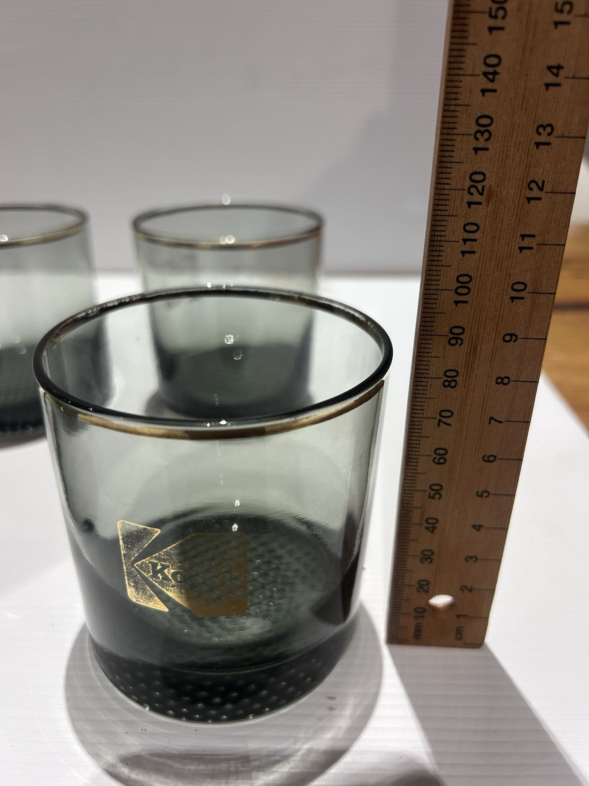 Vintage Kodak Whiskey Glasses x8 Gold Rim Promo Barware Textured Base 1970s