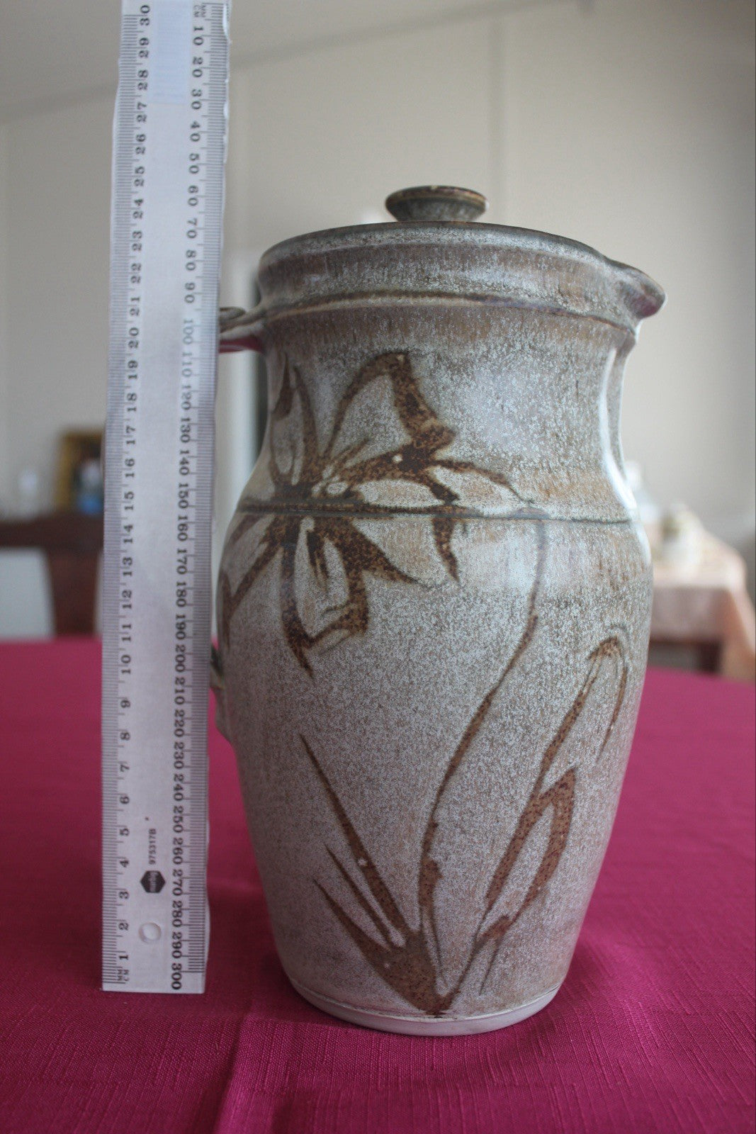 Vintage Studio Pottery Lidded Jug Hand Thrown Floral Stoneware ~23cm