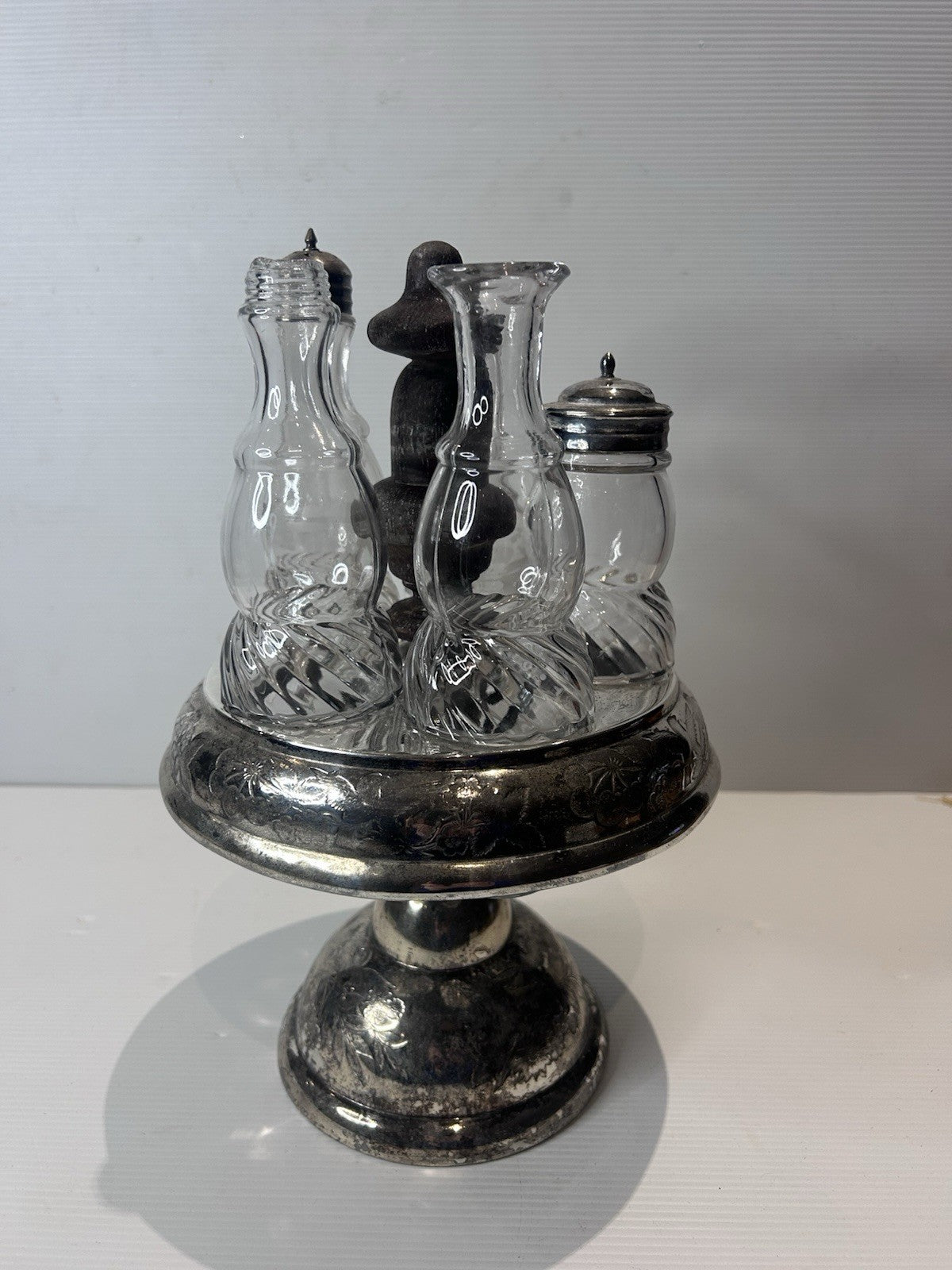 Antique Silver Plated Cruet Set w/ Cut Glass Bottles Victorian Style 27cm Tall