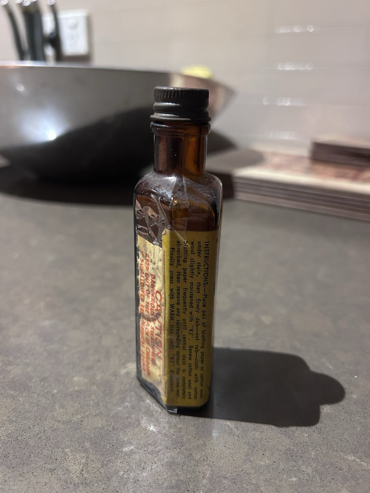 Vintage KJ Ball Pen Ink Remover Bottle c1950s Amber Glass Chemist Label