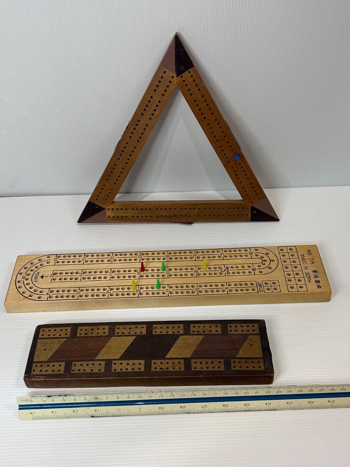 Vintage Cribbage Board Collection x 3 – Triangle, Inlaid, and Classic Flat Board