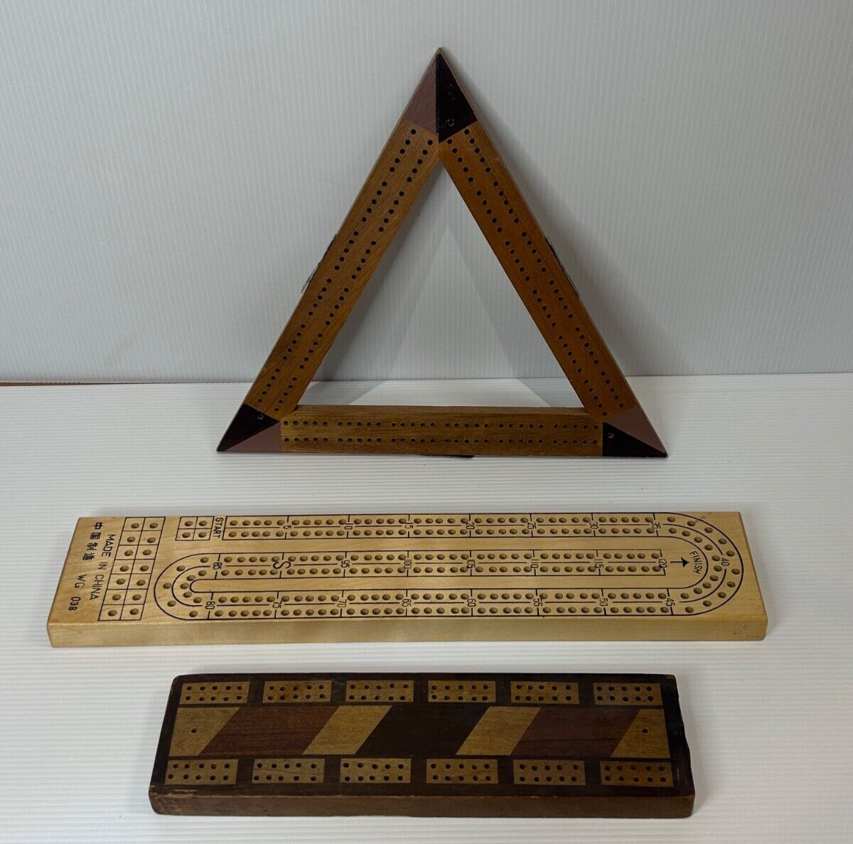 Vintage Cribbage Board Collection x 3 – Triangle, Inlaid, and Classic Flat Board