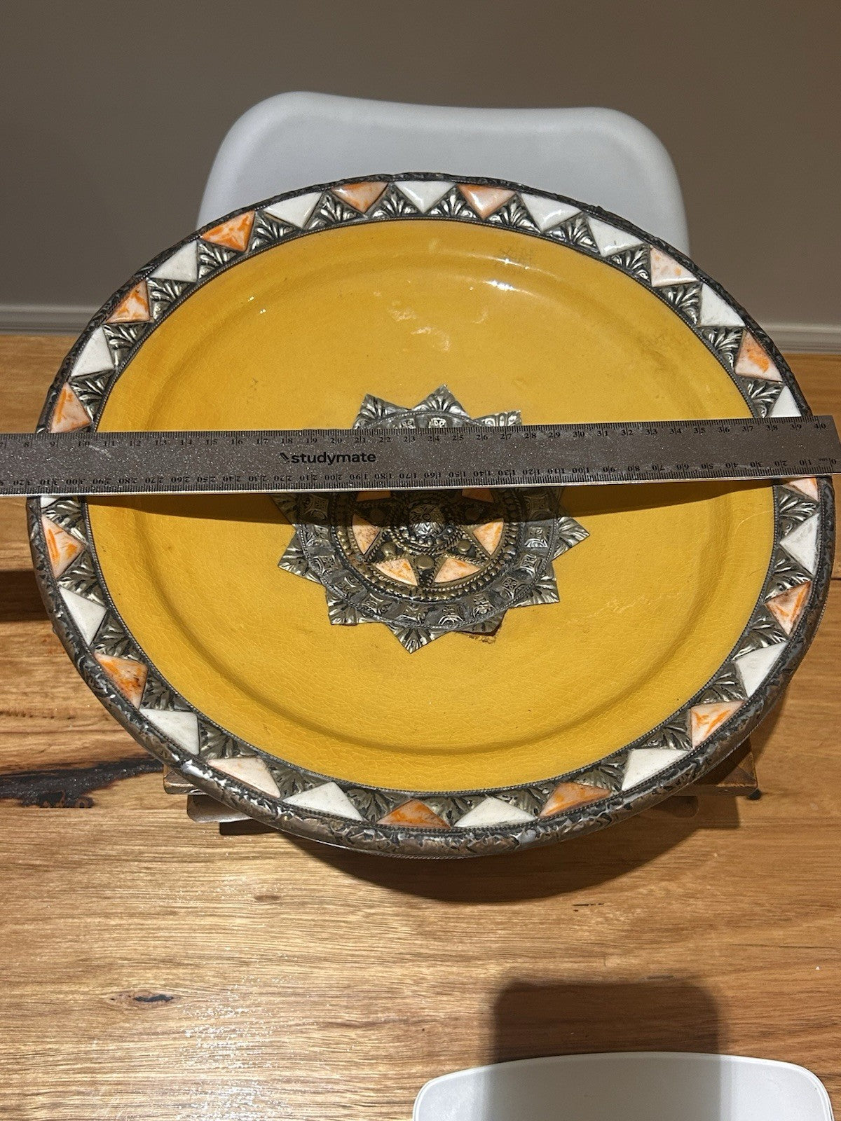 Large Moroccan Safi Plate 32cm Yellow Glaze Metal & Bone Inlay