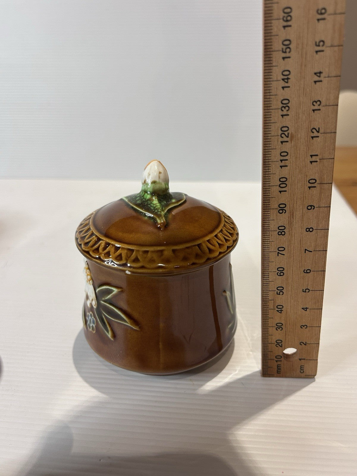 Vintage Japanese Pottery Condiment Set – Hand-Painted Brown Glaze Floral