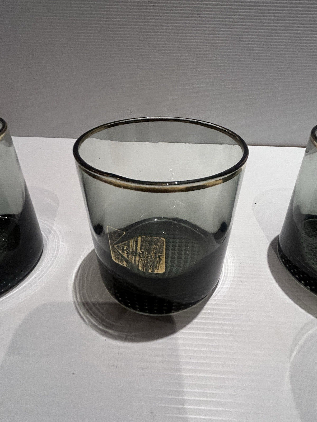 Vintage Kodak Whiskey Glasses x8 Gold Rim Promo Barware Textured Base 1970s