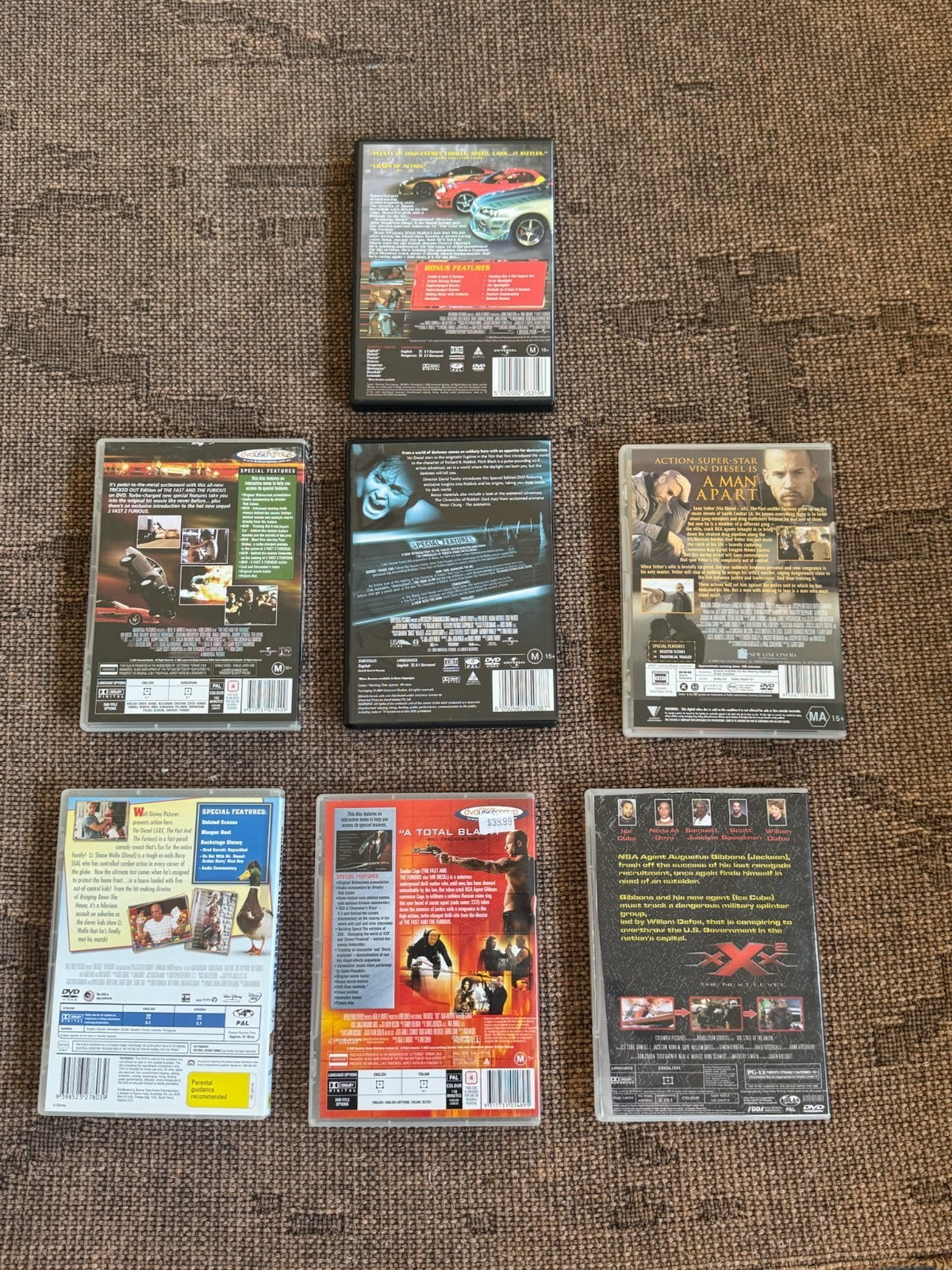 Vin Diesel DVD Bundle | Fast Furious, xXx, Pitch Black, Pacifier | 7 Movie Set