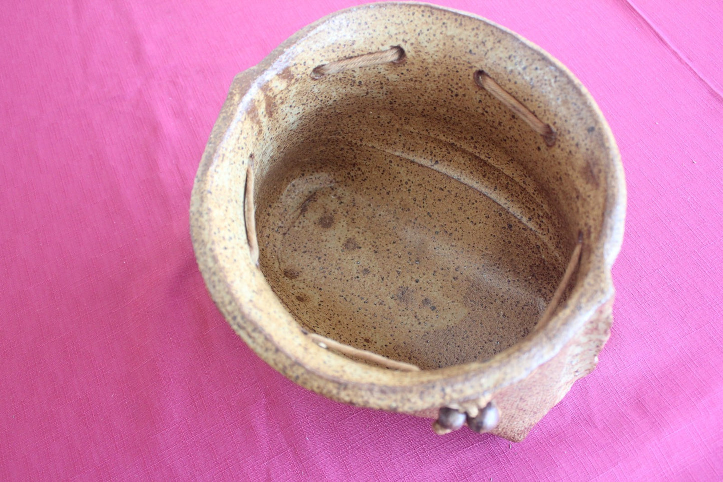 Vintage Studio Pottery Basket Planter Rustic Stoneware - Rope Detail