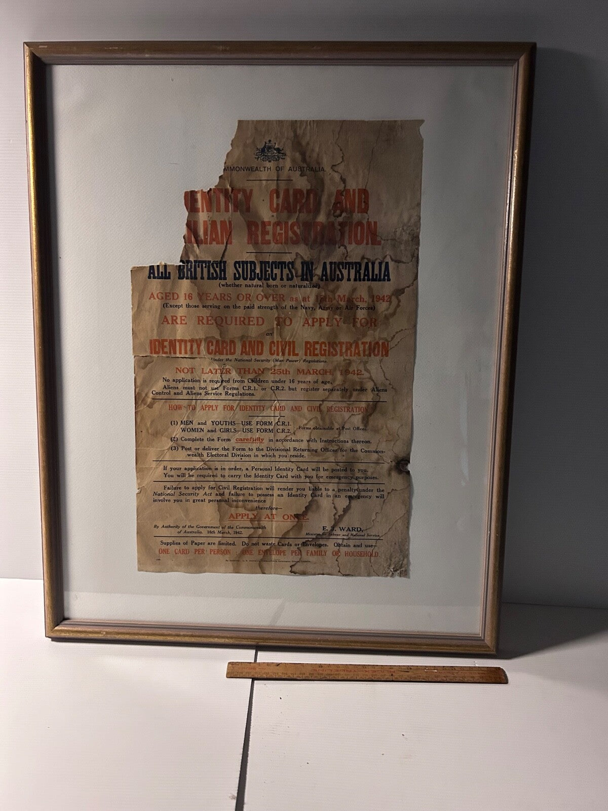WWII Australia 1942 Identity Card Registration Poster Framed Original RARE