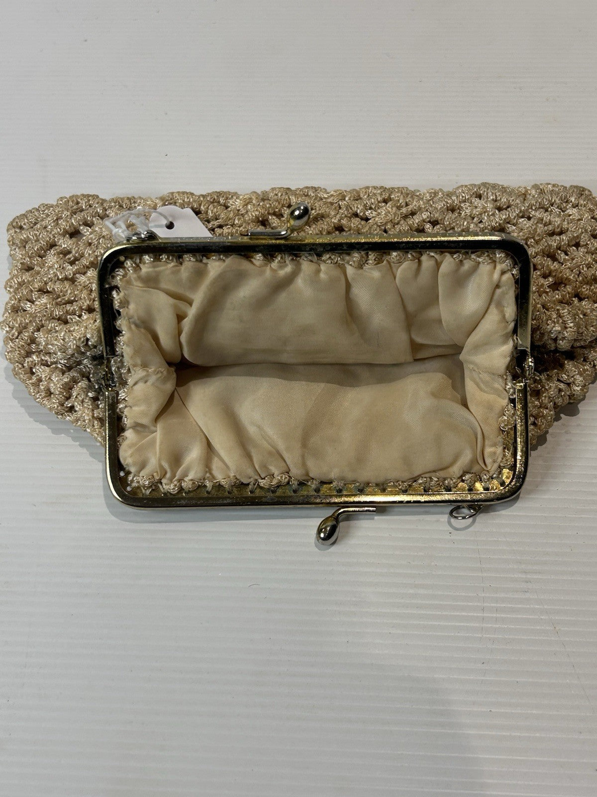 Vintage 1950s Gold Macramé Clutch Purse Hong Kong Handmade Silk Lining