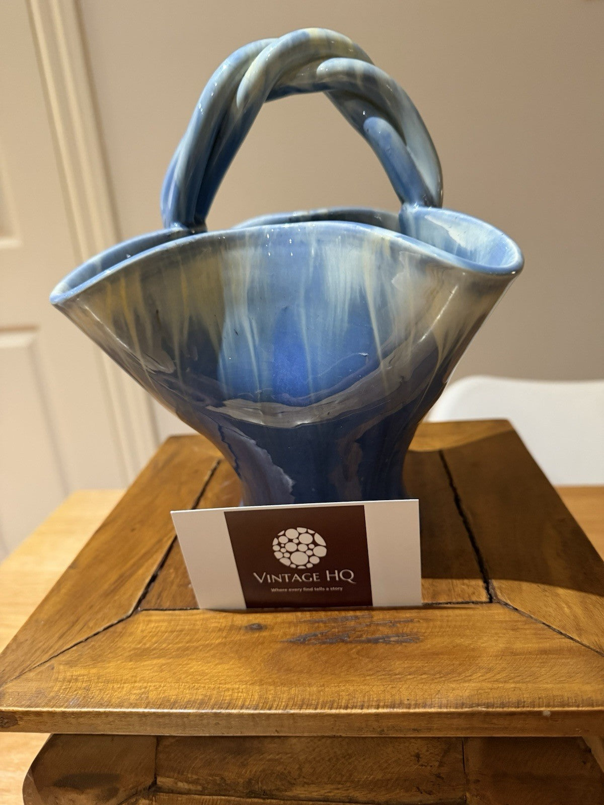 Vintage Remued Australian Pottery Basket Vase Blue Drip Glaze 184-10
