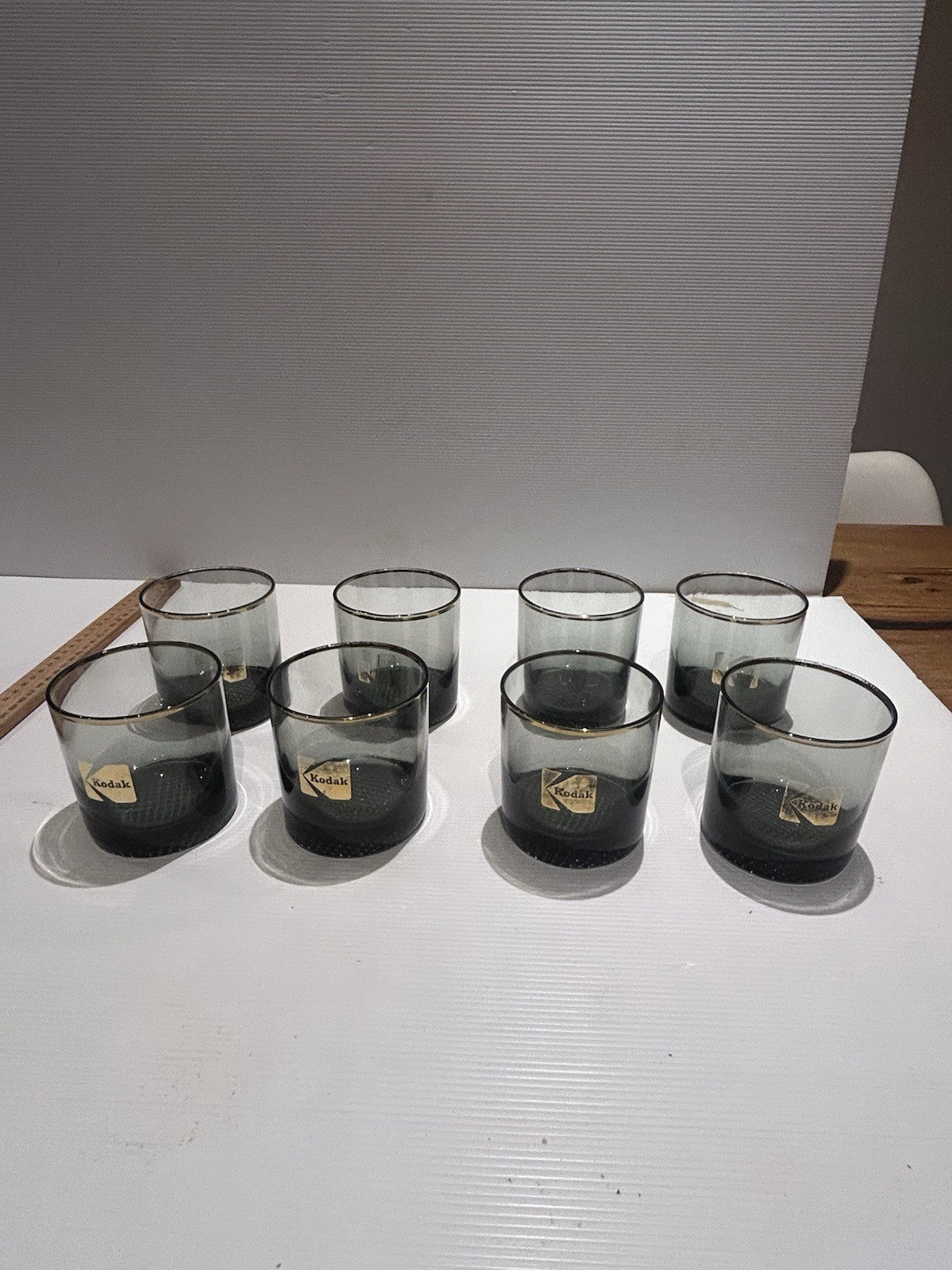 Vintage Kodak Whiskey Glasses x8 Gold Rim Promo Barware Textured Base 1970s