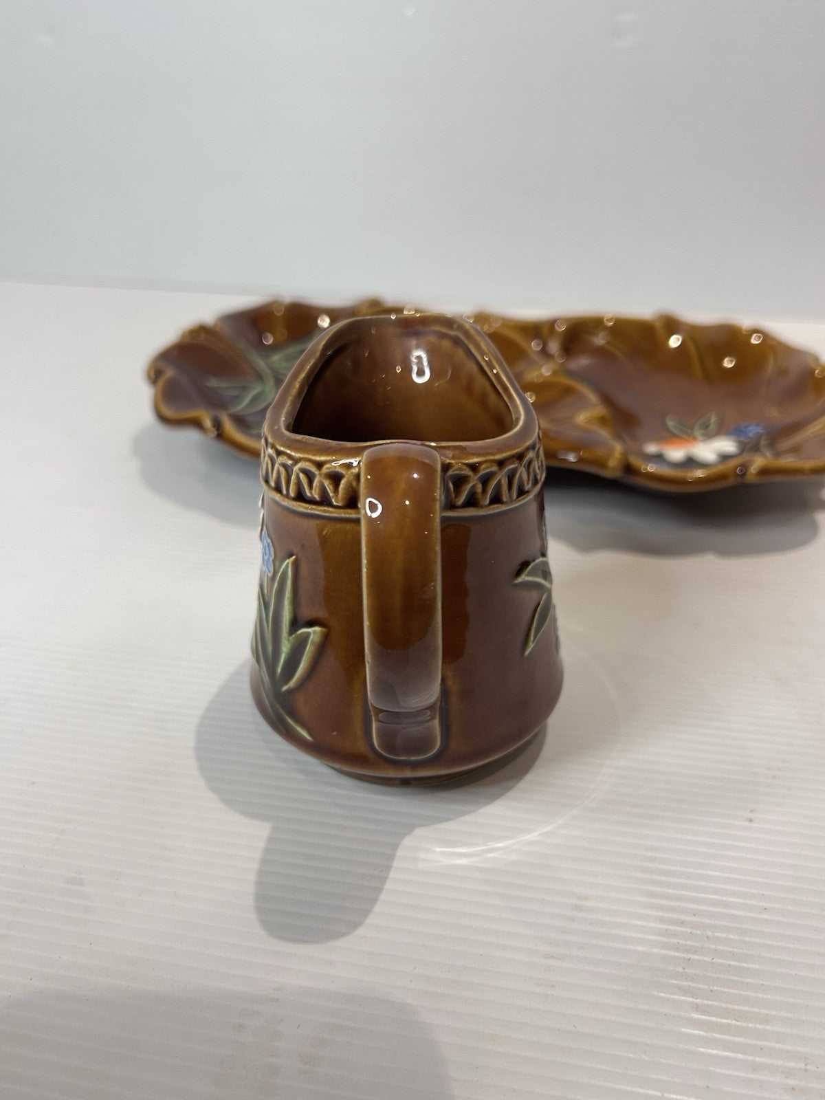 Vintage Japanese Pottery Condiment Set – Hand-Painted Brown Glaze Floral