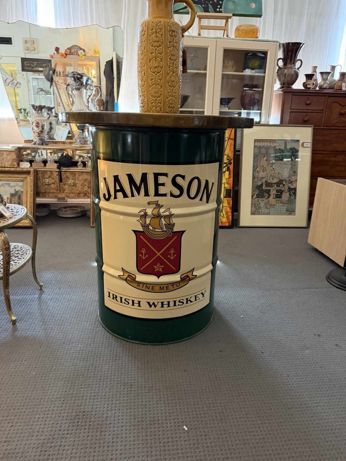 Jameson Irish Whiskey Barrel Table Green Metal Drum Round Timber Top Bar Table