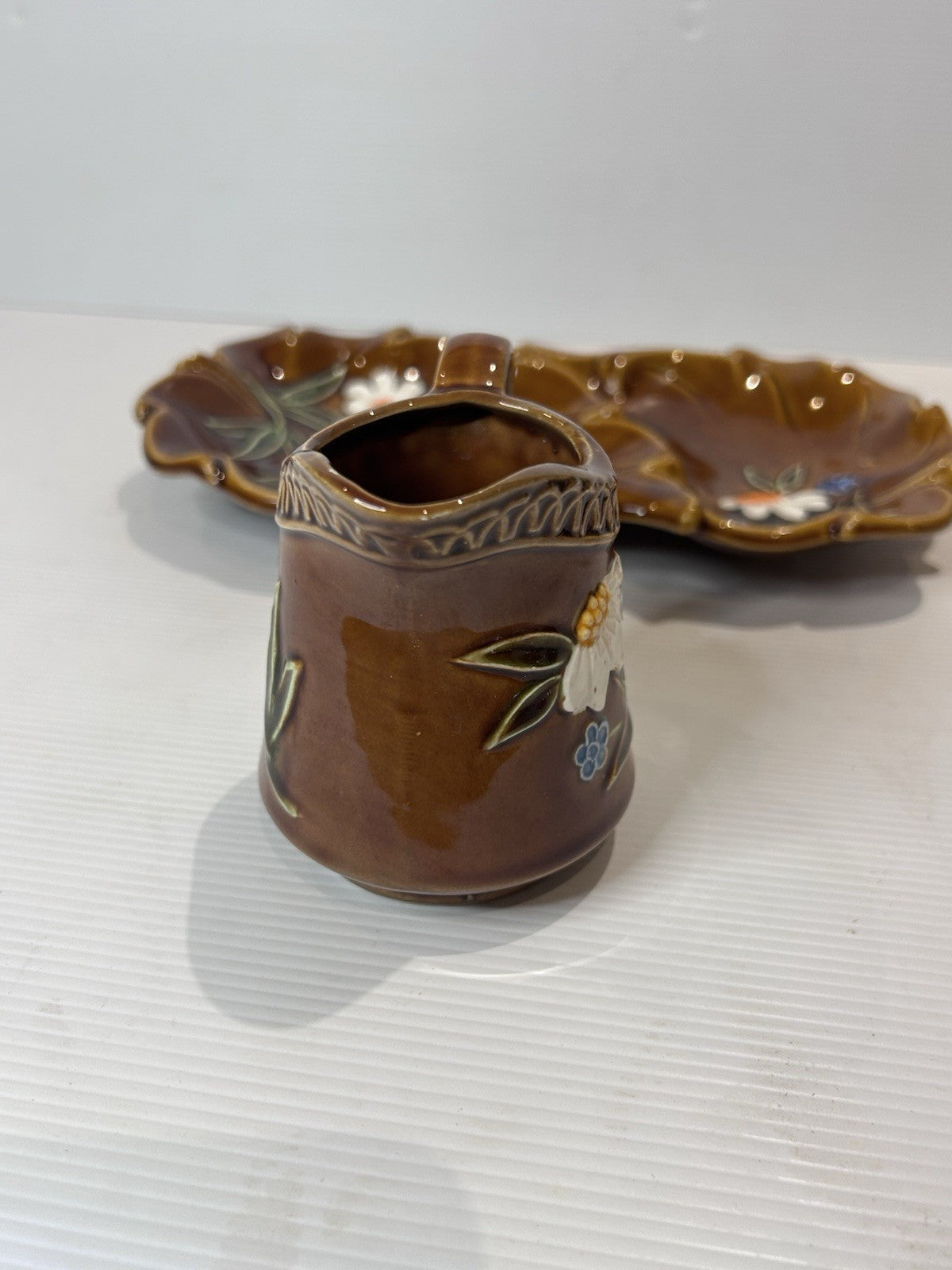 Vintage Japanese Pottery Condiment Set – Hand-Painted Brown Glaze Floral