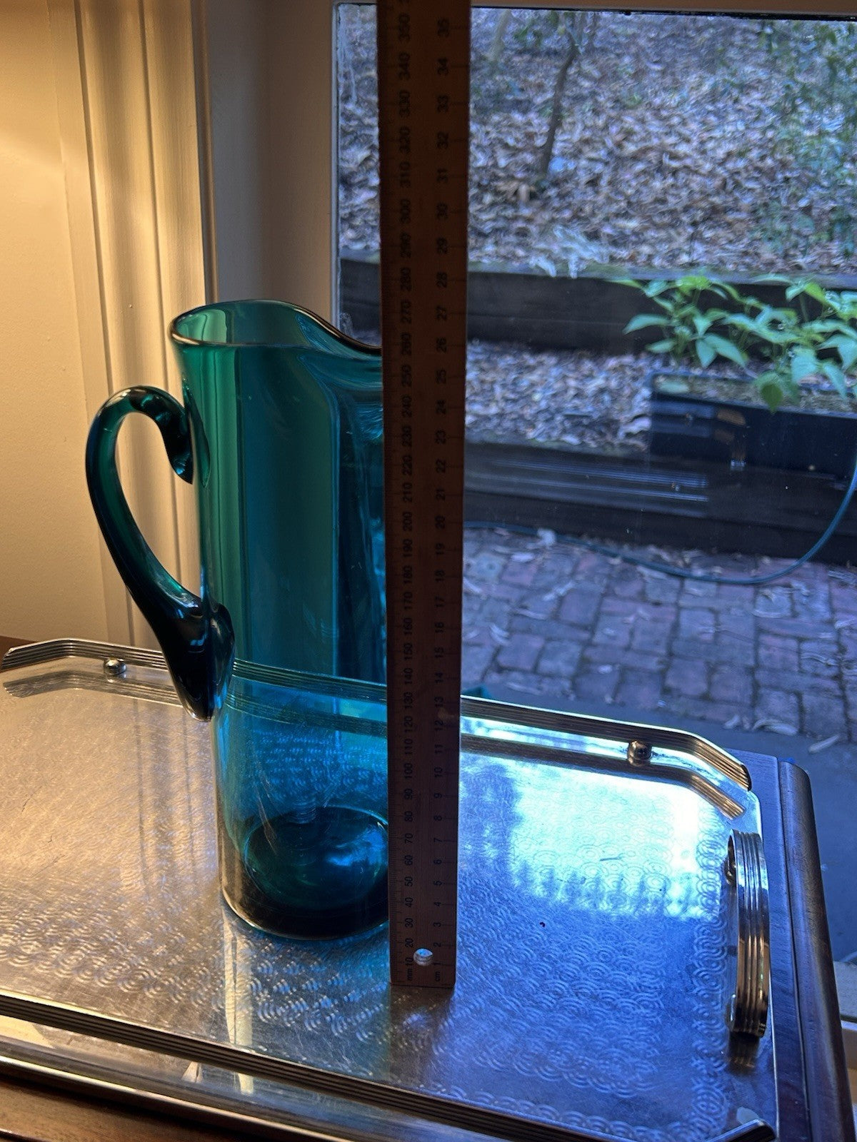 Vintage Scandinavian Teal Art Glass Pitcher 27cm Mid Century c1970