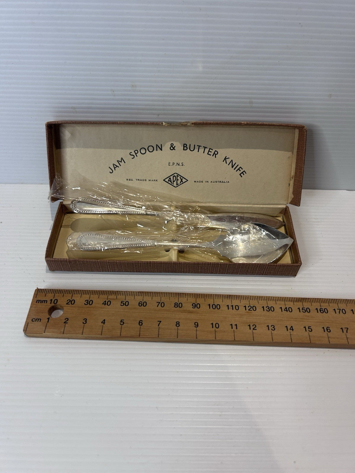 Apex EPNS Jam Spoon & Butter Knife Set Boxed Made in Australia Vintage NOS