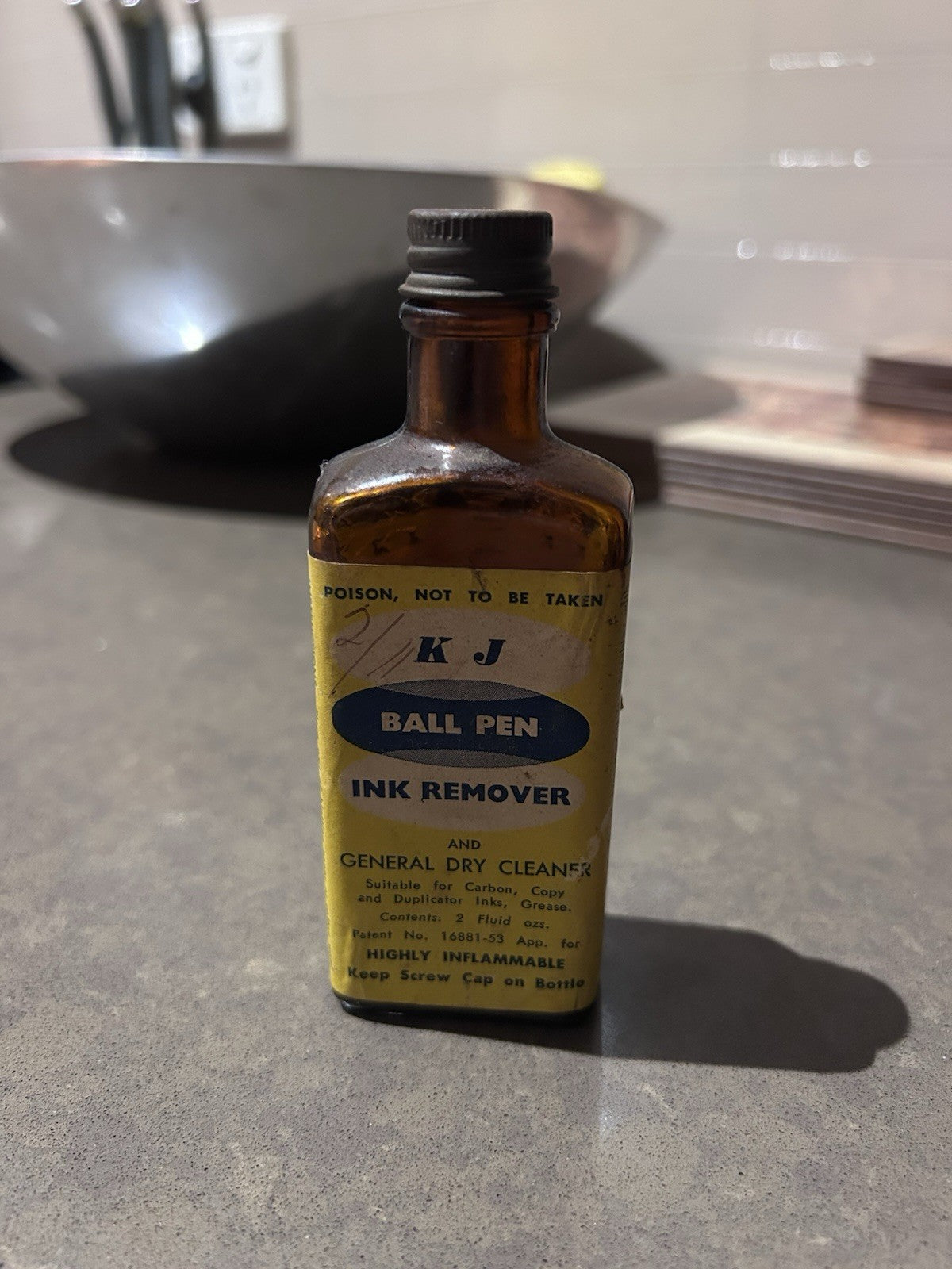 Vintage KJ Ball Pen Ink Remover Bottle c1950s Amber Glass Chemist Label