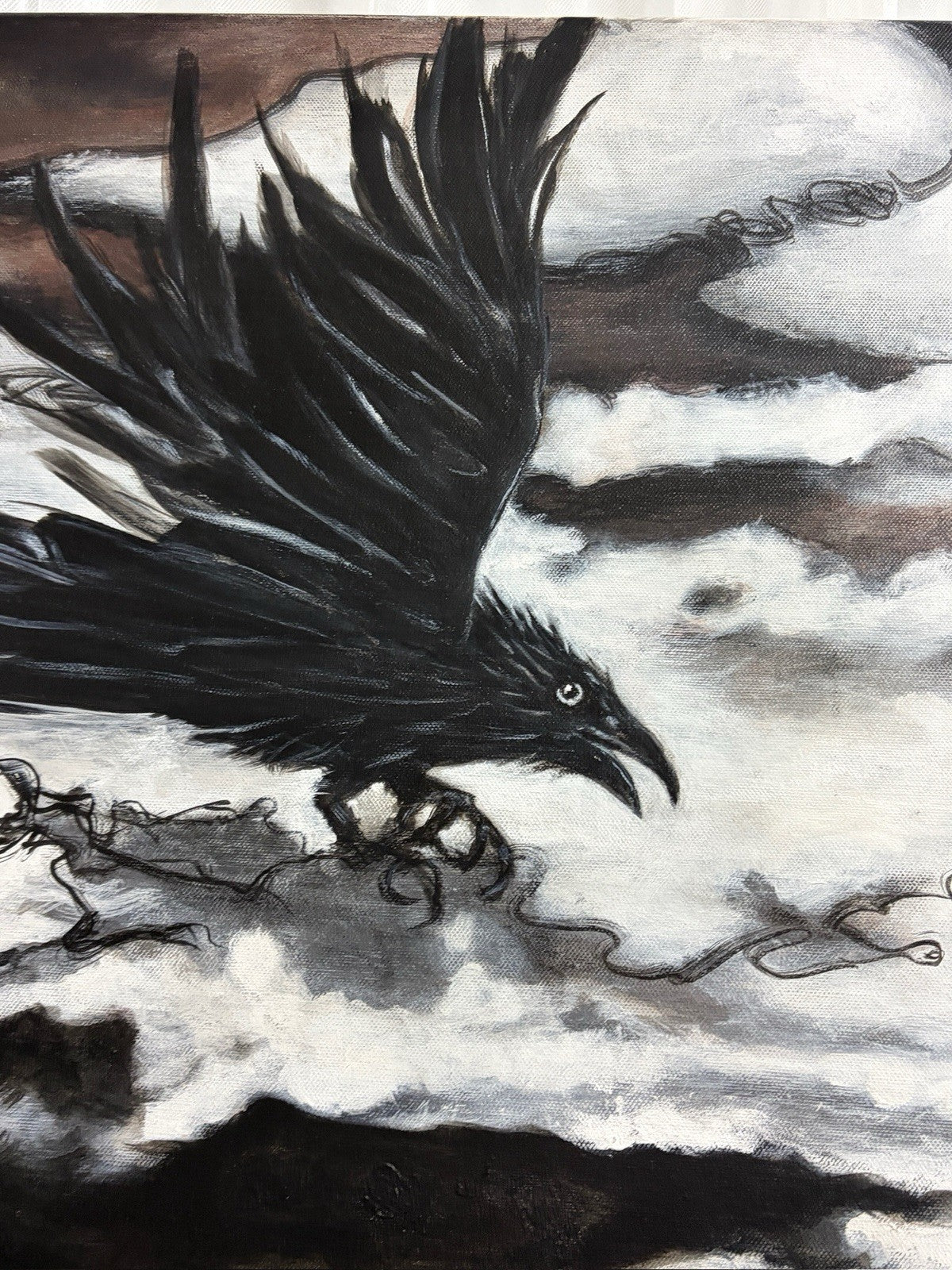 Large Original Deb Pollock Raven Crow Painting Signed Acrylic Canvas