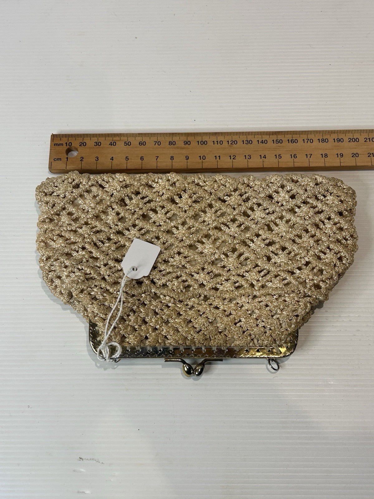 Vintage 1950s Gold Macramé Clutch Purse Hong Kong Handmade Silk Lining