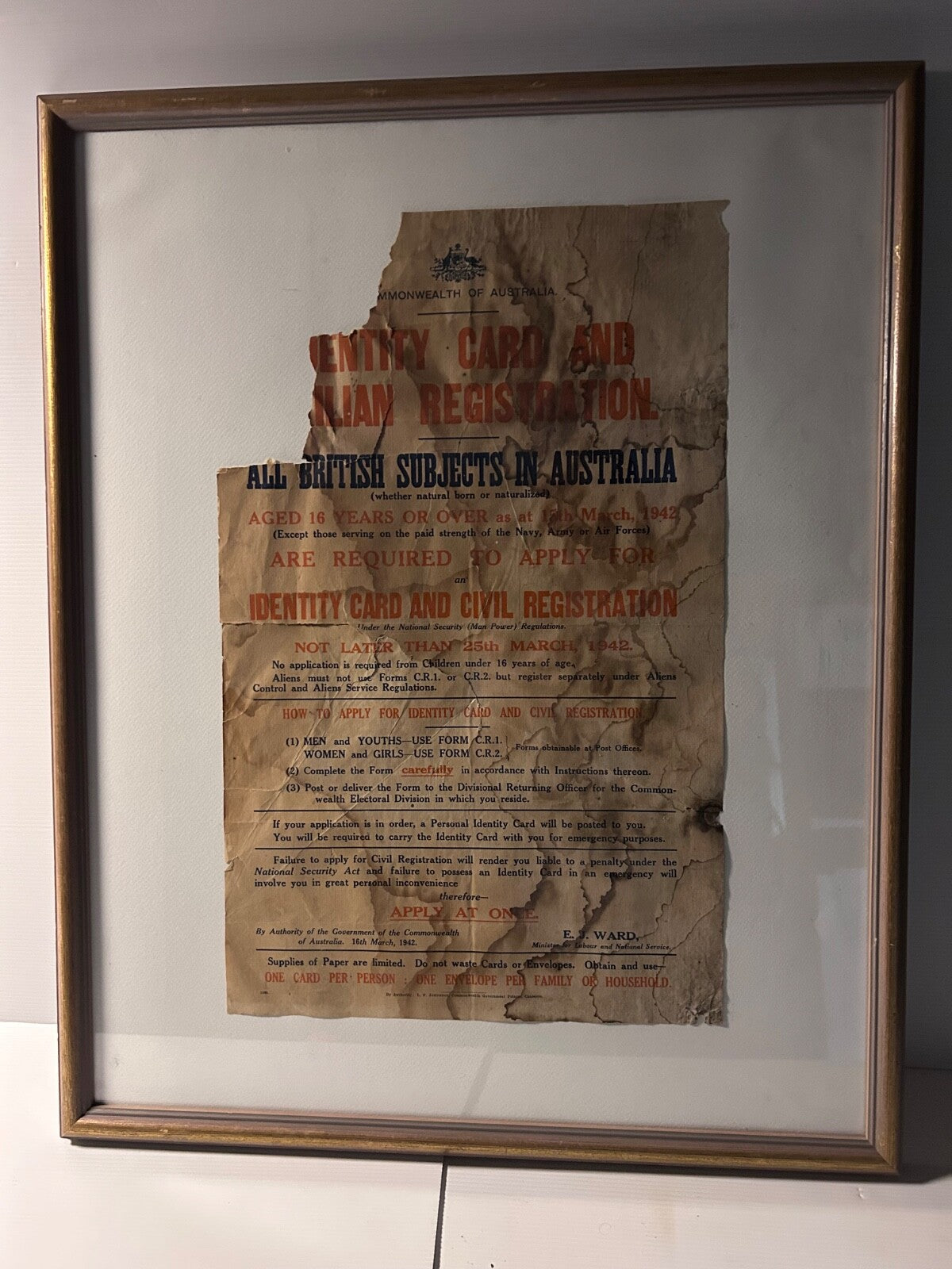 WWII Australia 1942 Identity Card Registration Poster Framed Original RARE