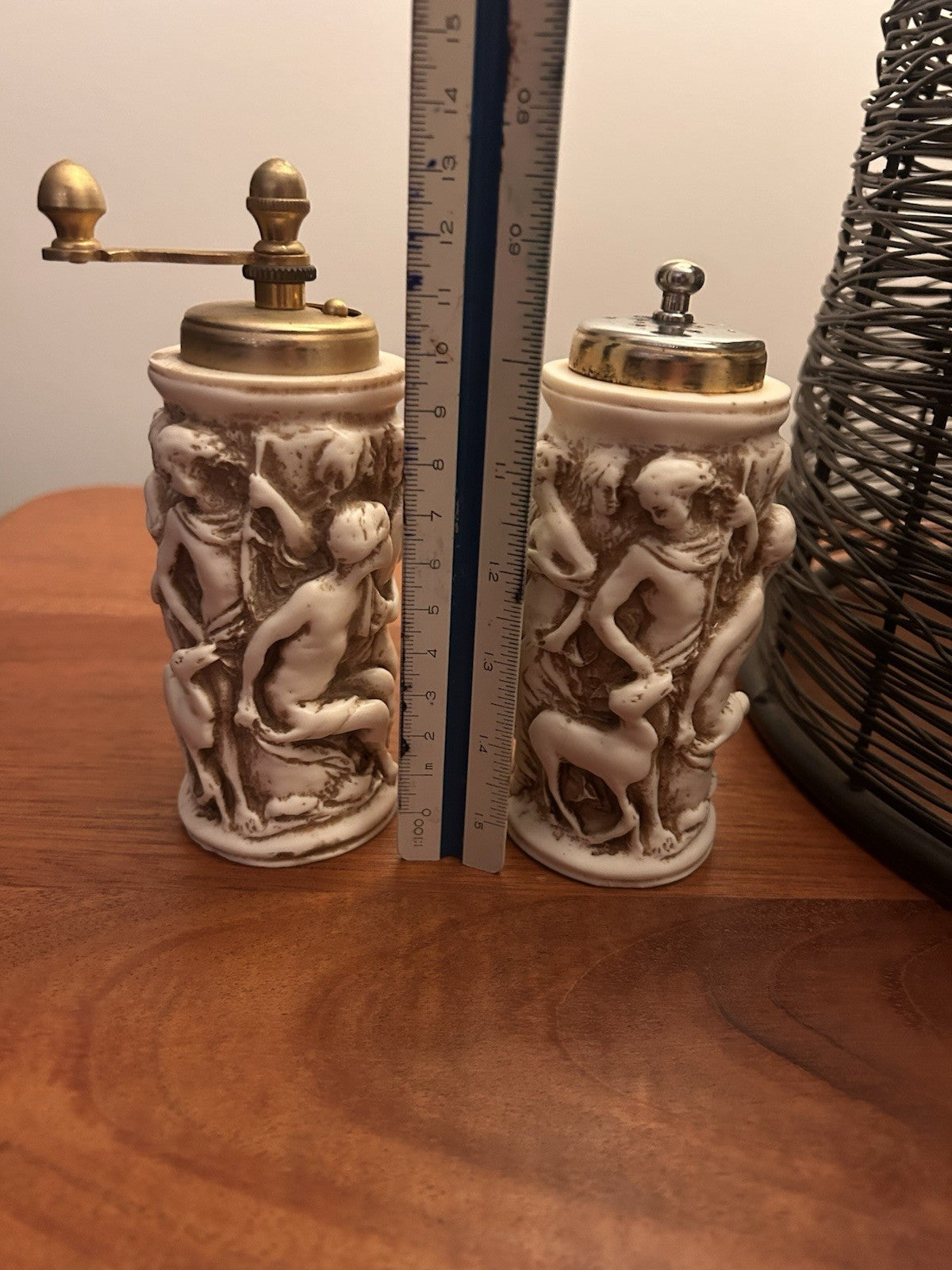 Vintage Cherub Relief Salt Pepper & Pepper Grinder Set Brass Top