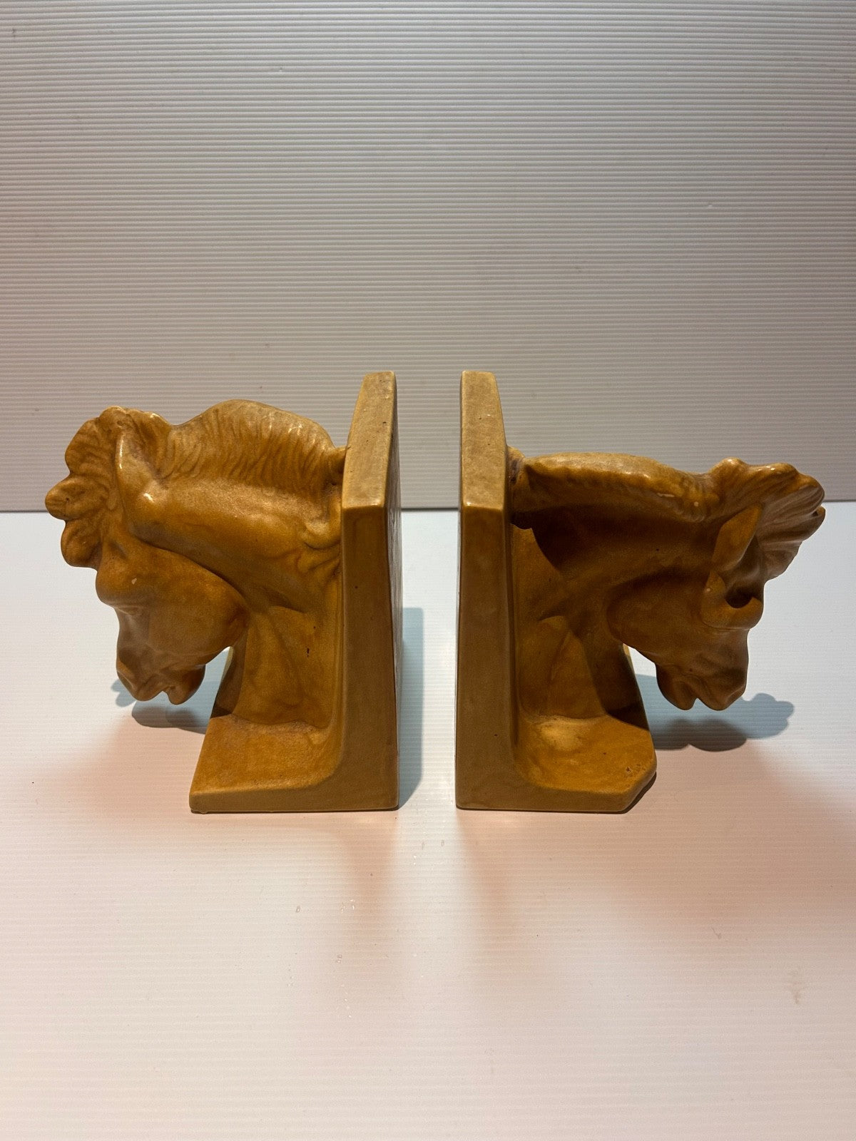 Vintage Horse Head Ceramic Bookends Signed Rosemarie 1987 Tan Glaze 15cm