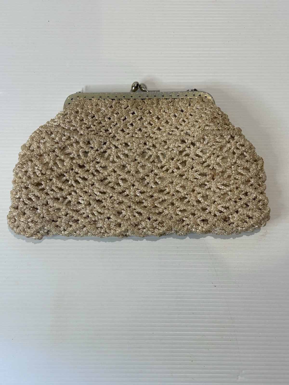 Vintage 1950s Gold Macramé Clutch Purse Hong Kong Handmade Silk Lining