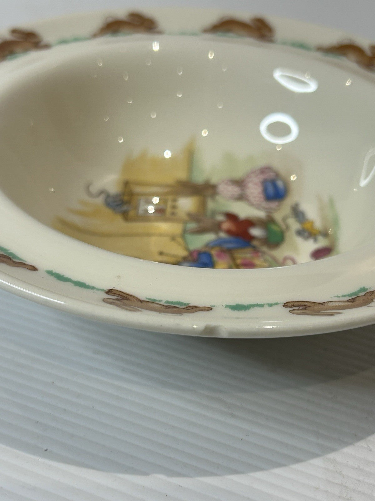 Royal Doulton Bunnykins Bowl TV Scene Bone China England - Small Chip