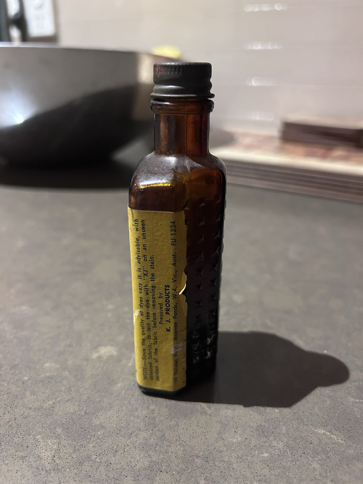 Vintage KJ Ball Pen Ink Remover Bottle c1950s Amber Glass Chemist Label