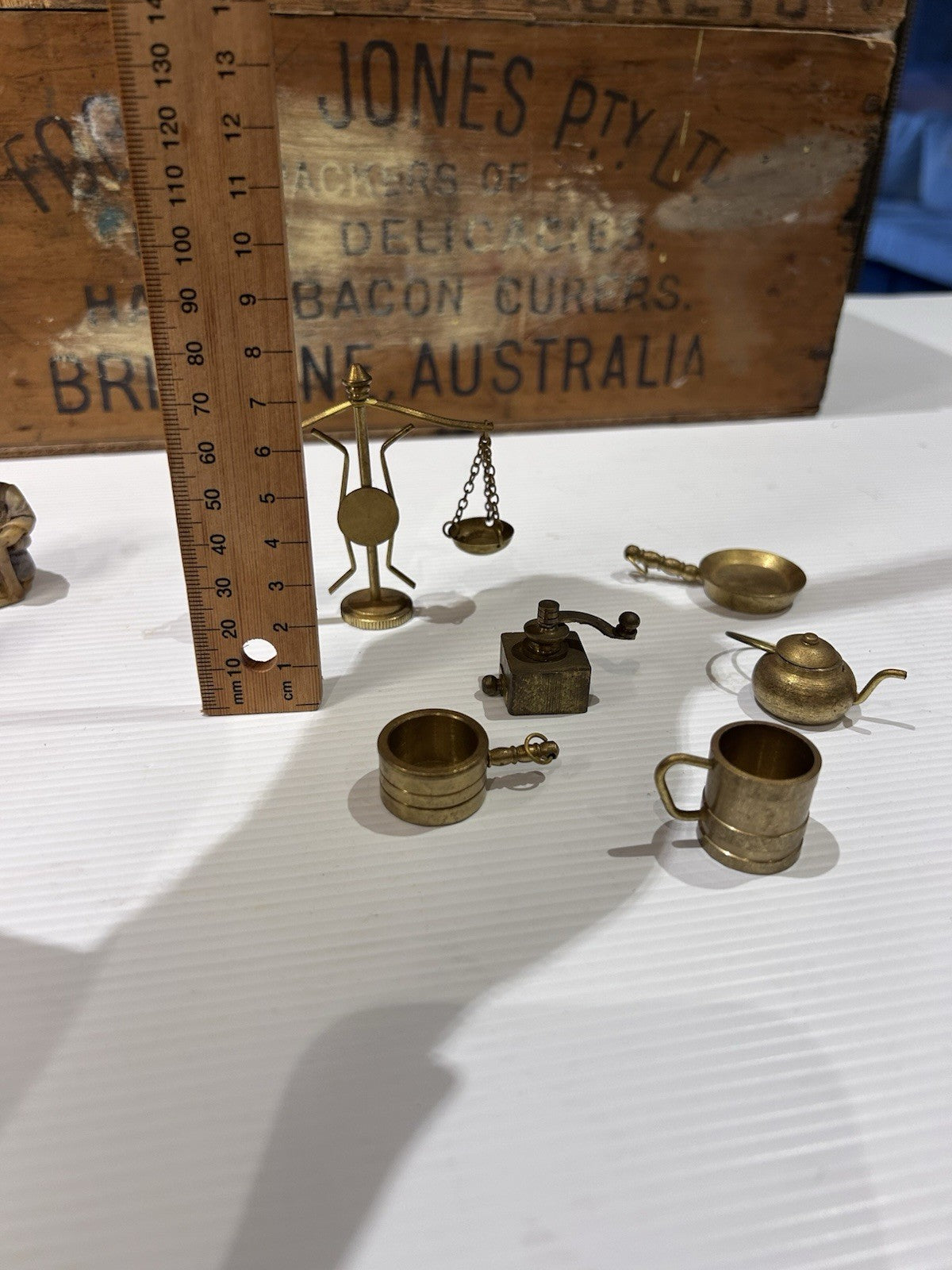Vintage Miniature Brass Kitchenware 6pc Set – Scales, Grinder, Kettle, Pan