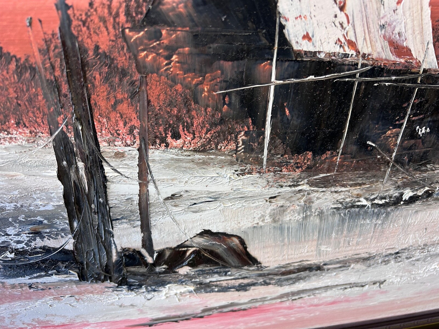 Vintage Original Oil Painting Framed Unsigned Bush House Trees Sunset Landscape