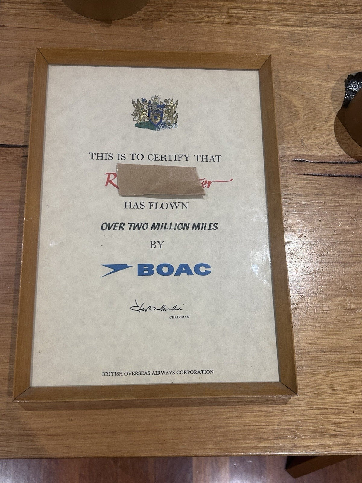 BOAC Over Two Million Miles Certificate British Airways Framed Vintage Aviation