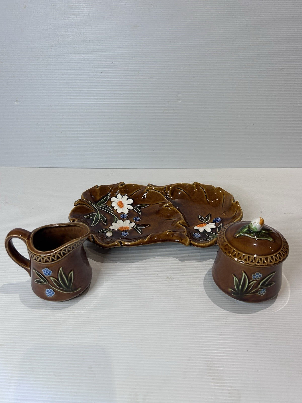 Vintage Japanese Pottery Condiment Set – Hand-Painted Brown Glaze Floral