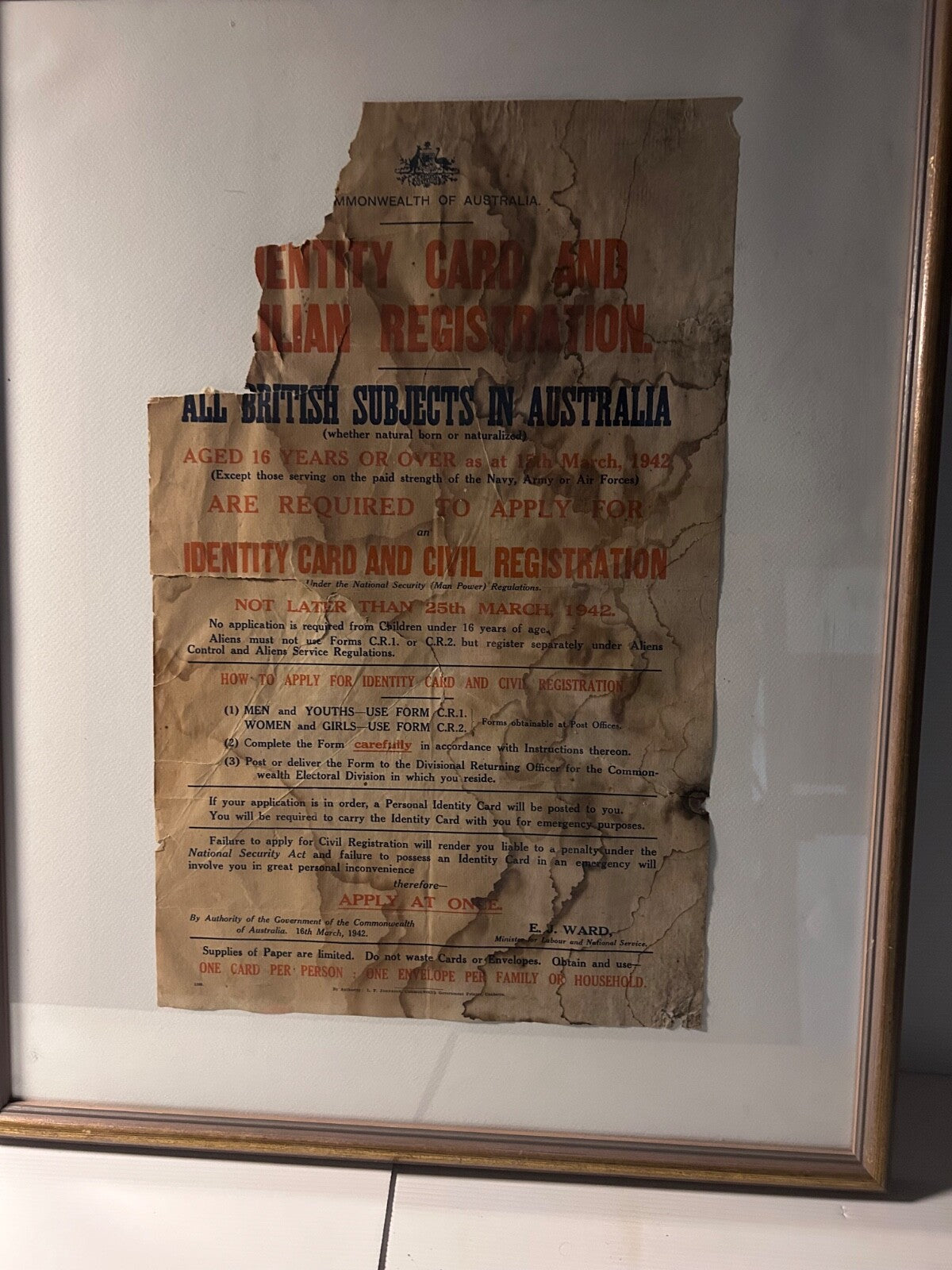 WWII Australia 1942 Identity Card Registration Poster Framed Original RARE