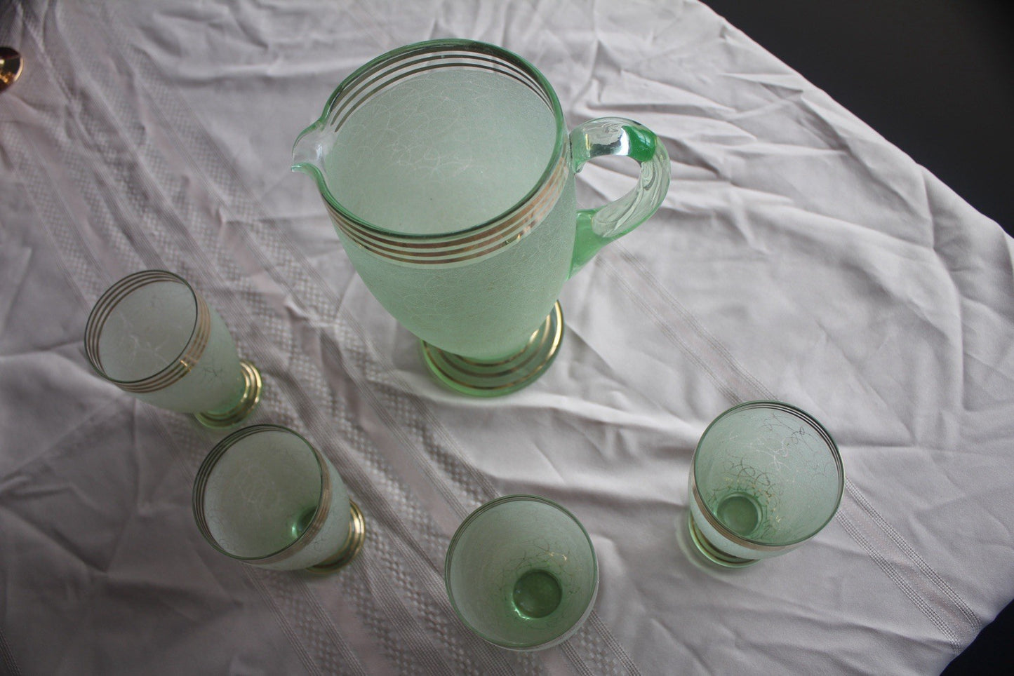 Vintage Green Crackle Glass Water Jug & 4 Tumblers Art Deco Style S
