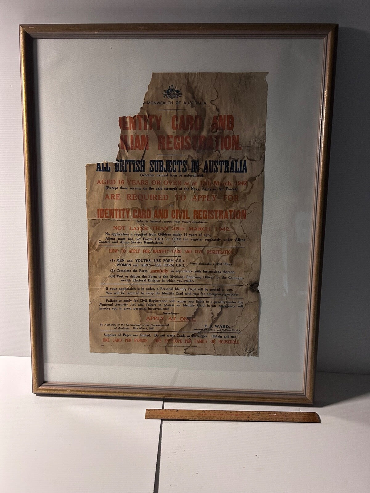 WWII Australia 1942 Identity Card Registration Poster Framed Original RARE