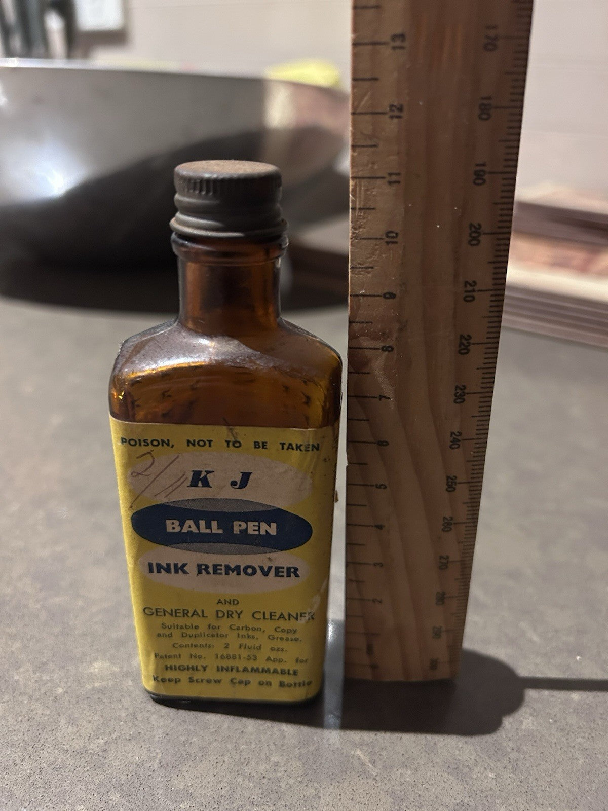 Vintage KJ Ball Pen Ink Remover Bottle c1950s Amber Glass Chemist Label