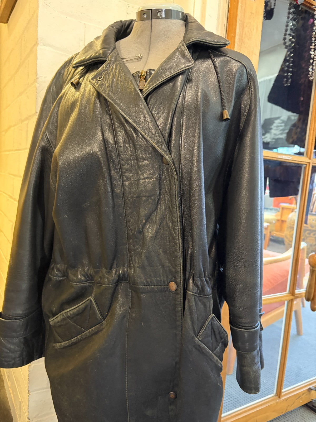 Vintage Harrods Knightsbridge Black Genuine Leather Coat Jacket UK Made Size L