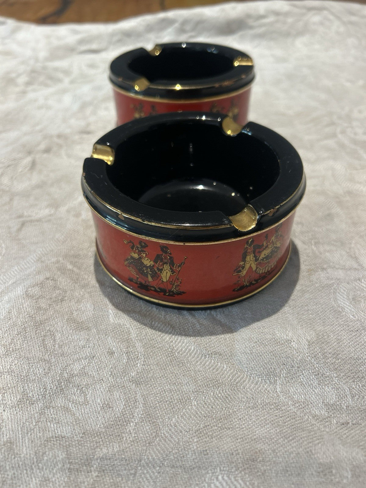 Vintage Italian Ceramiche Fiorentine Ashtrays Pair Red Black Gold c1950s
