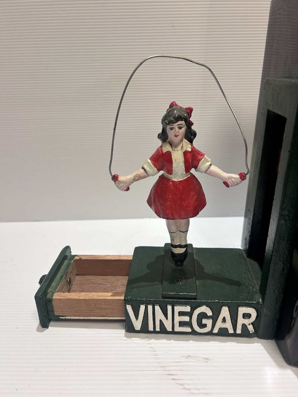 Vintage Styled Cast Iron Vinegar Skipping Girl Bookends with Wooden draws