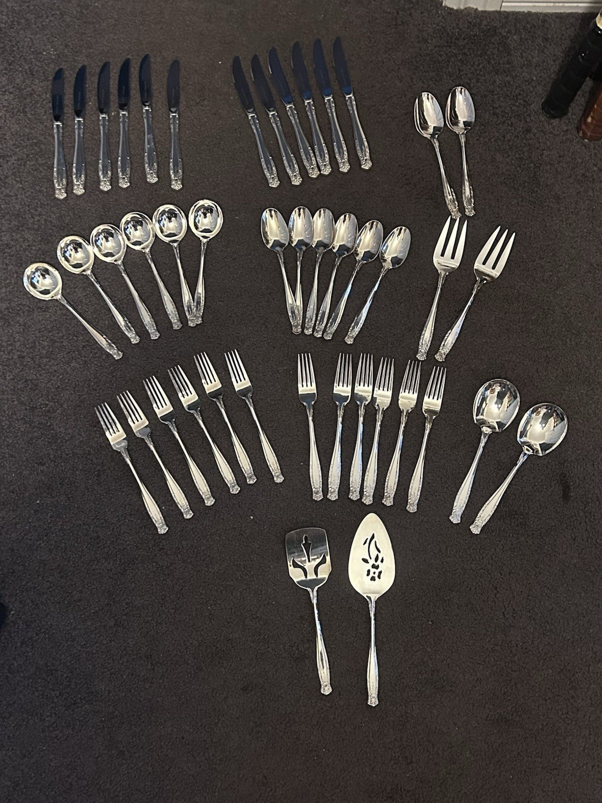 Grosvenor Laureate Silver Plated Cutlery Set for 6 + Serving Pieces 1960s Vintag