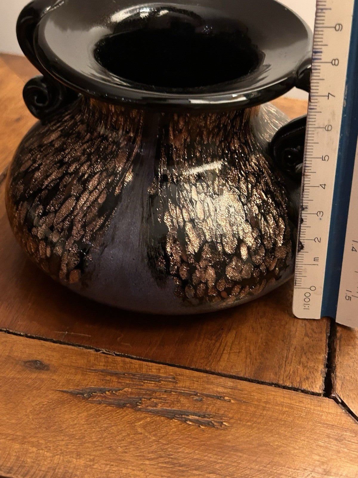 Dale Tiffany Style Art Glass Amphora Vase Black Copper Aventurine Pot Belly