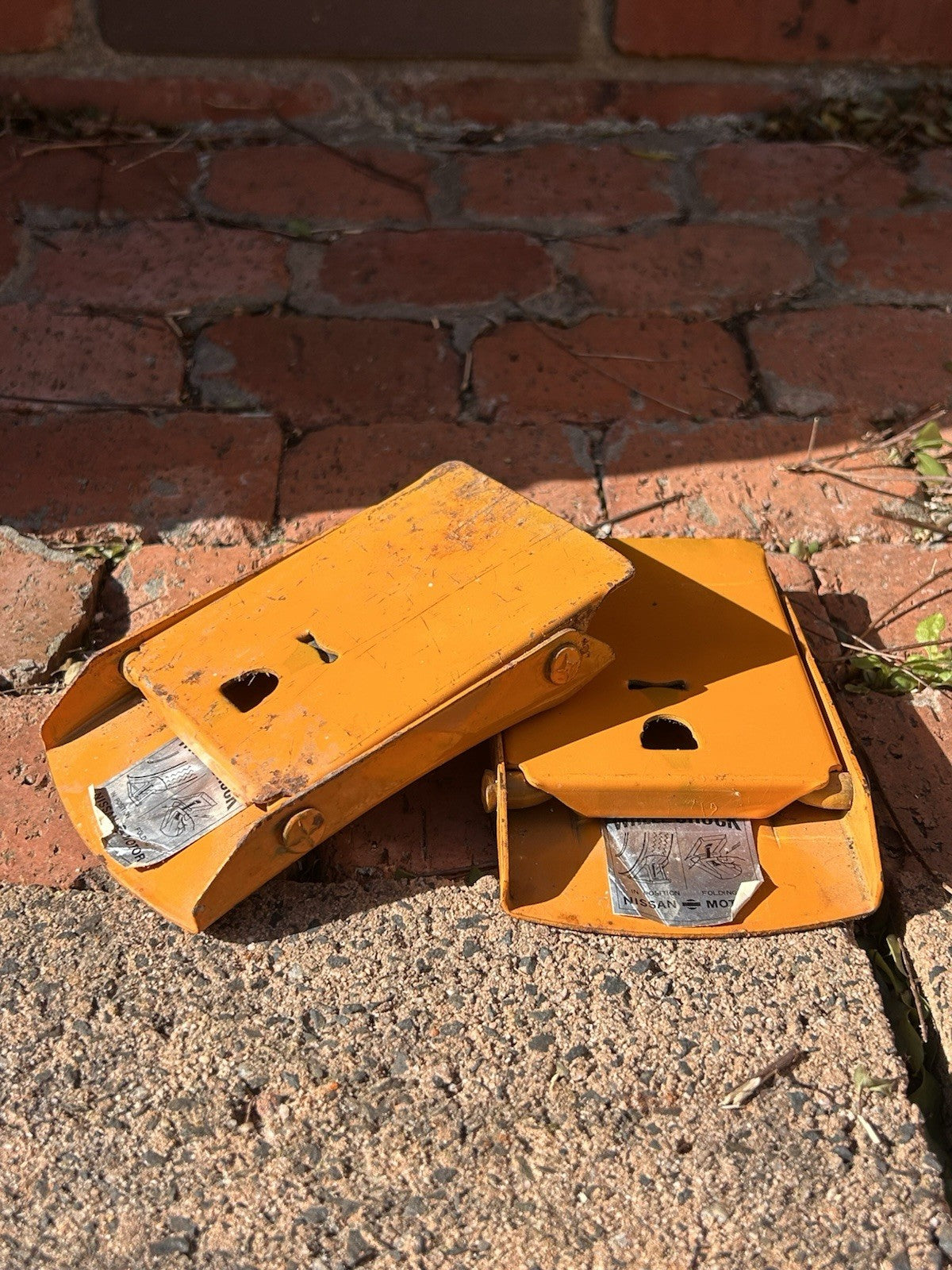 Vintage Nissan Folding Wheel Chocks Pair Metal Automotive Garage Tool