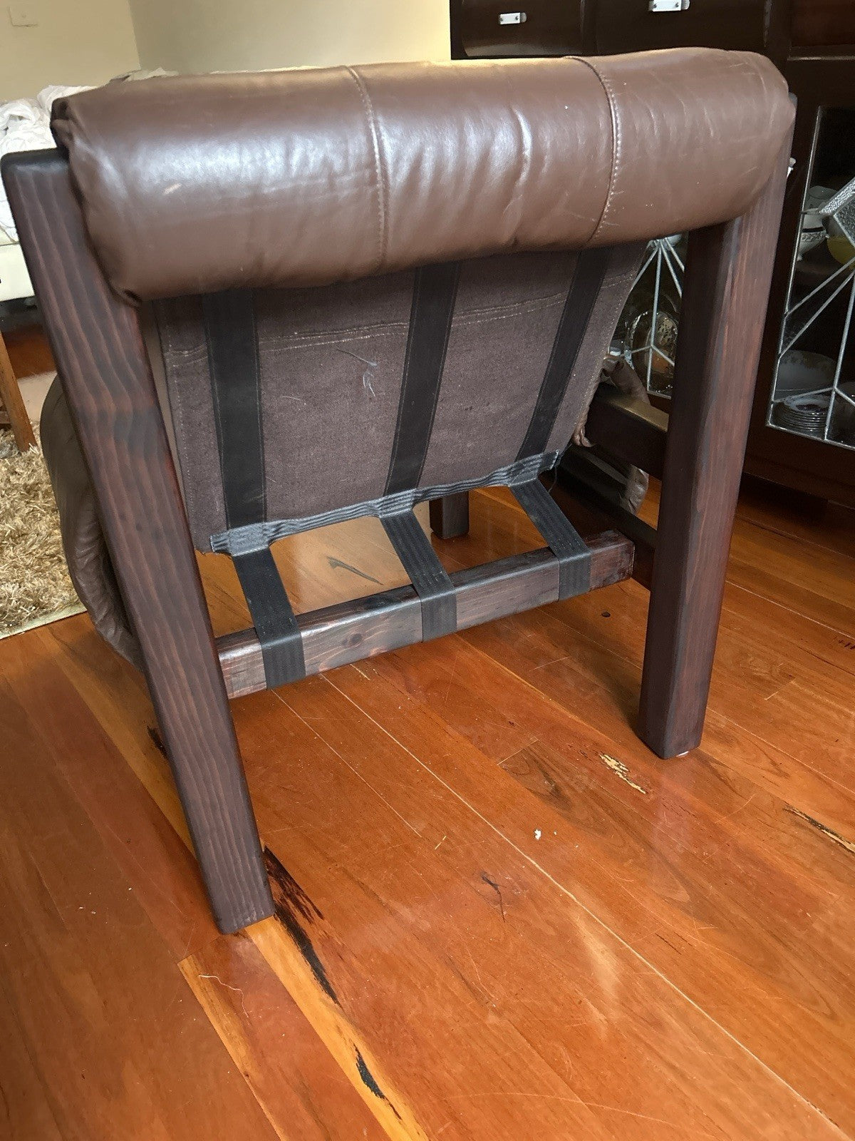 Architectural 1970s Solid Timber & Original Leather Armchair