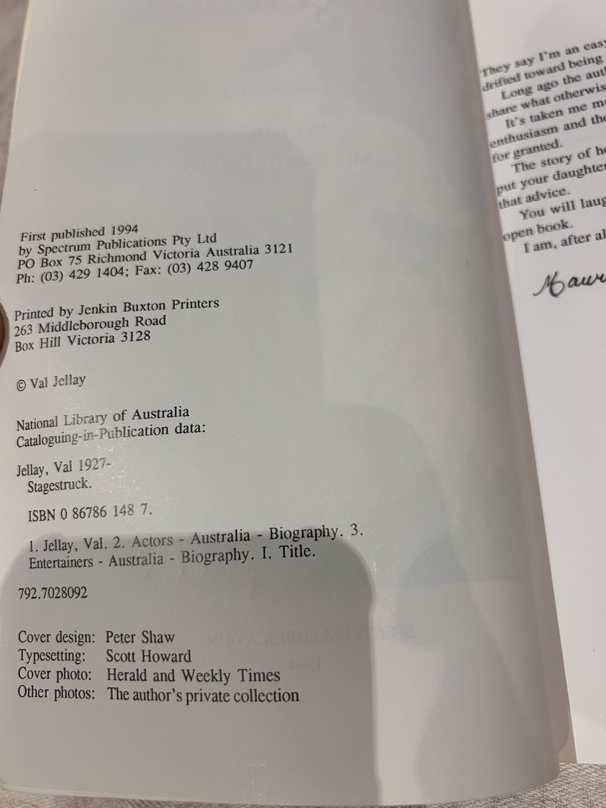 Stagestruck - Signed by Val Jellay & Maurie Fields | Vintage 1st Edition 1994